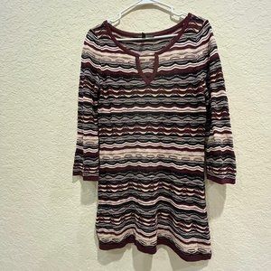 White House Black Market Tan Maroon Wave 3/4 Sleeve Sweater Dress Small